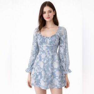 Romantic Blue Floral Lace Babydoll Dress XS Milkmaid Cottagecore Mini